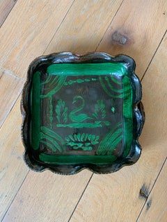 20th Century Green Painted Terracotta Bowl with Scalloped Edges and Swan Detail