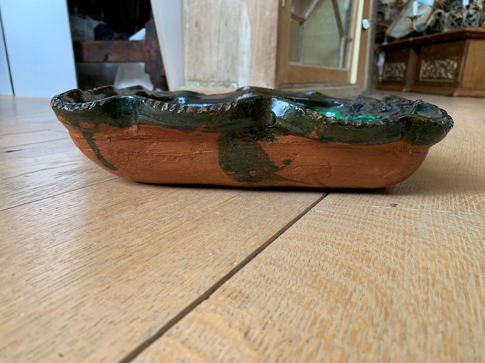 20th Century Green Painted Terracotta Bowl with Scalloped Edges and Swan Detail For Sale 1