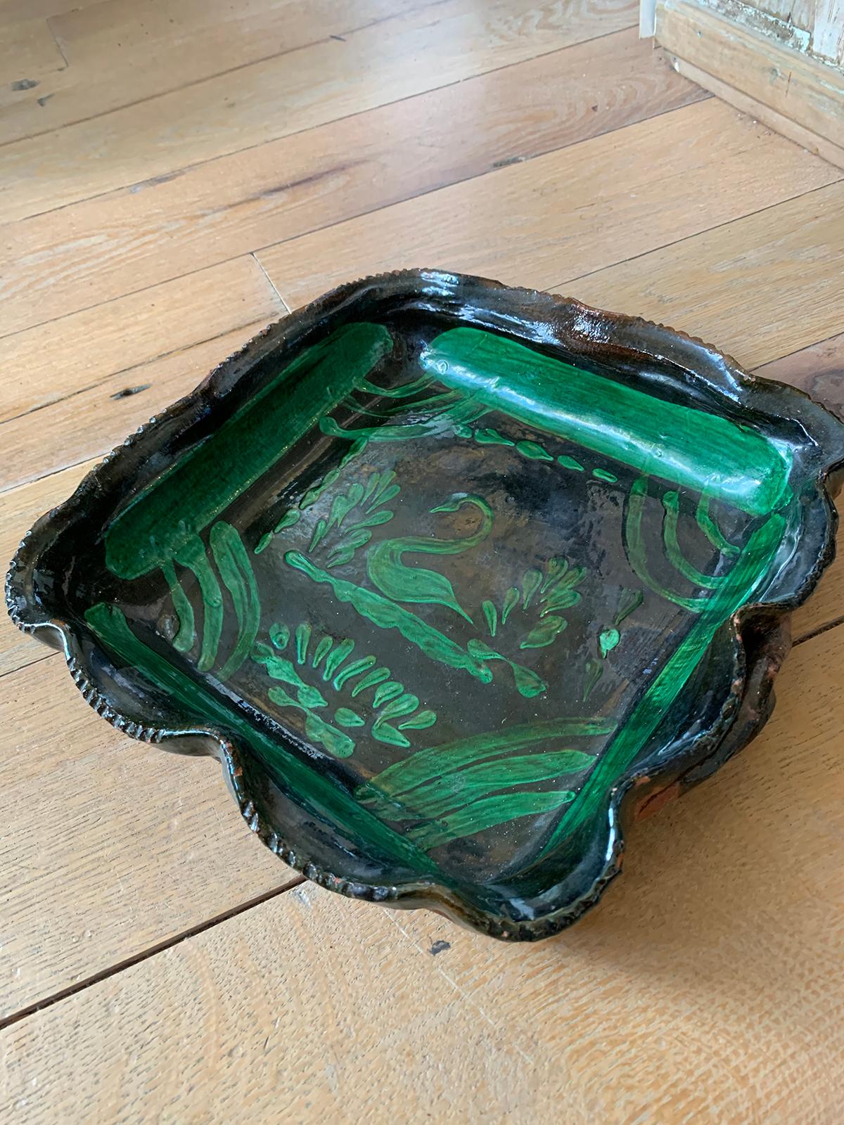 20th Century Green Painted Terracotta Bowl with Scalloped Edges and Swan Detail For Sale 2