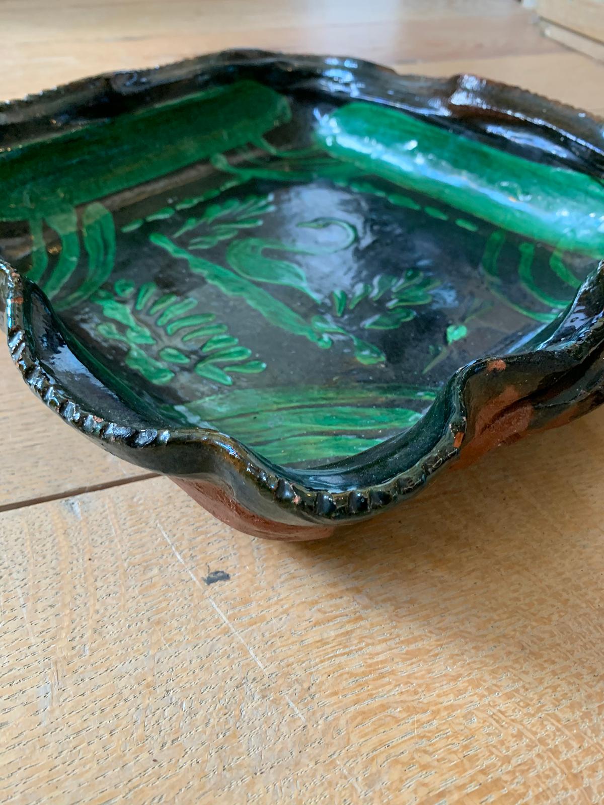 20th Century Green Painted Terracotta Bowl with Scalloped Edges and Swan Detail For Sale 3