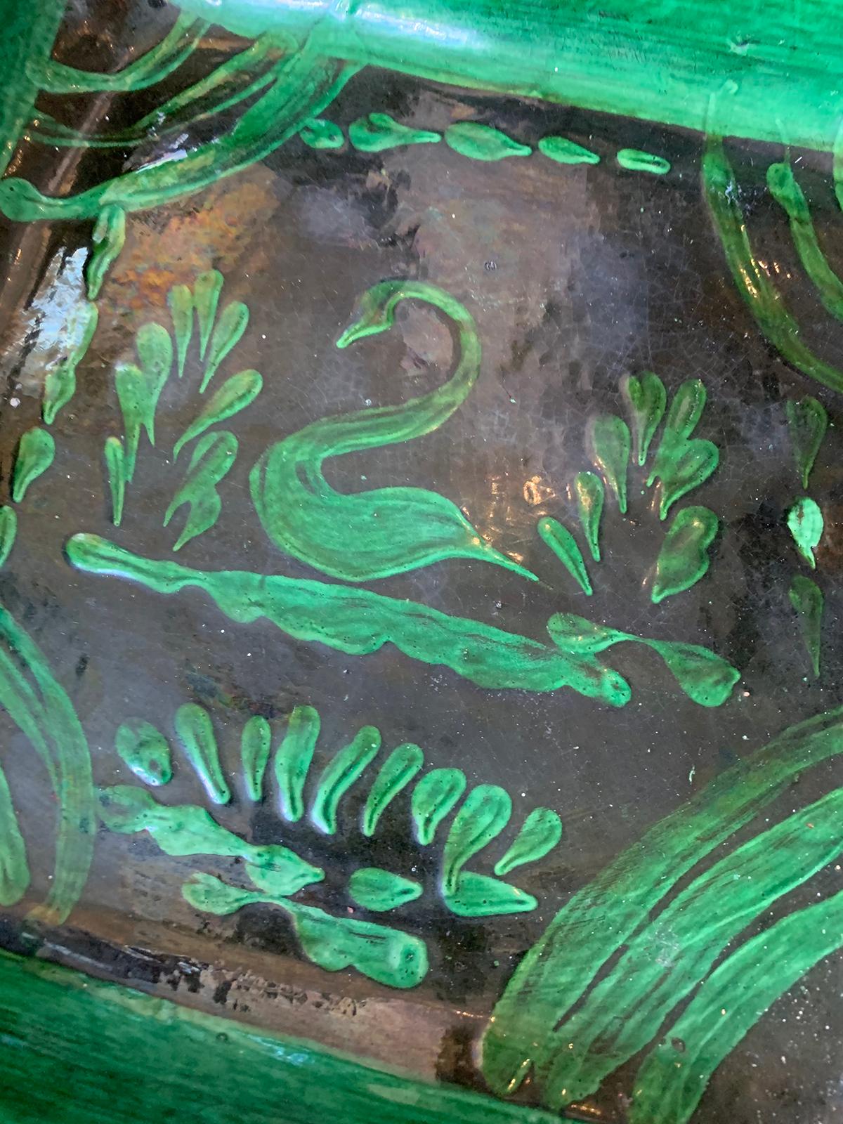 20th Century Green Painted Terracotta Bowl with Scalloped Edges and Swan Detail For Sale 4