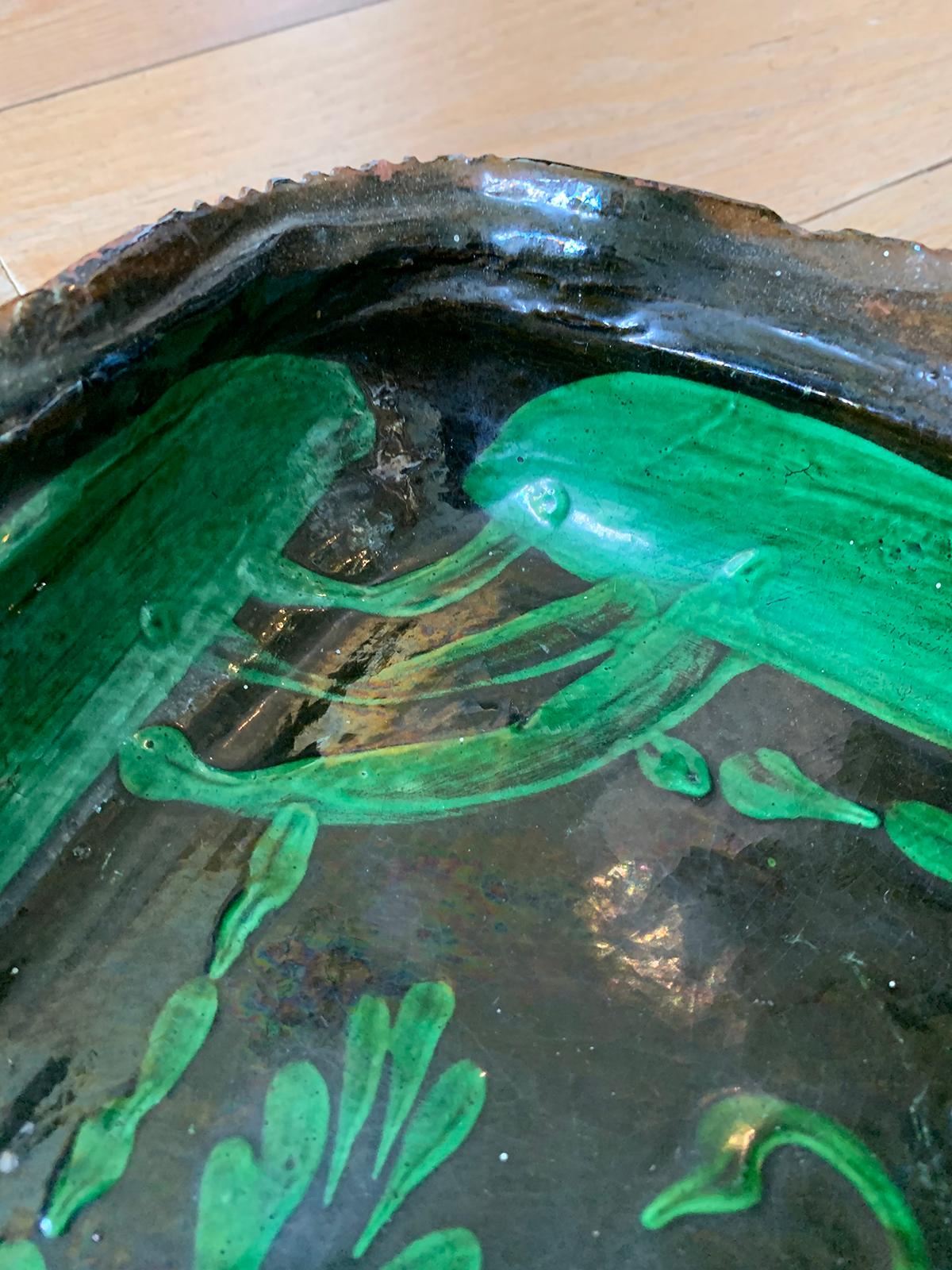 20th Century Green Painted Terracotta Bowl with Scalloped Edges and Swan Detail For Sale 5