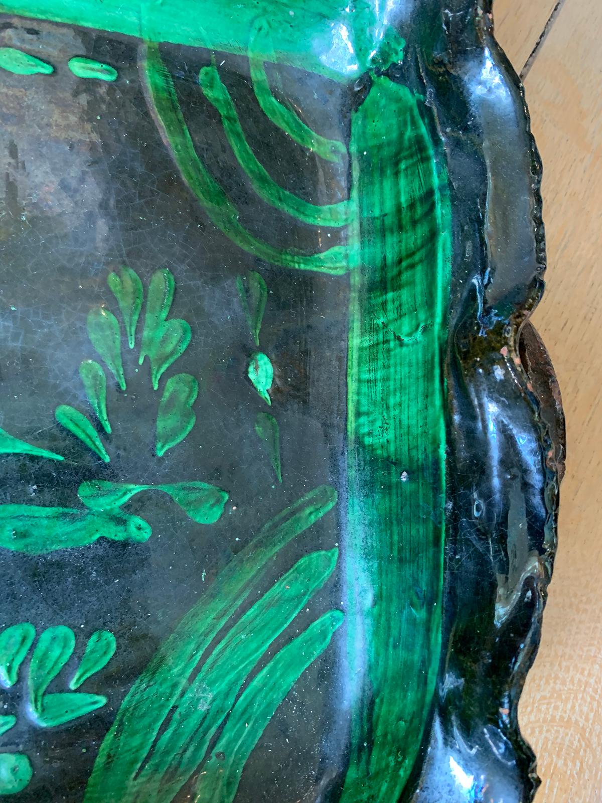 20th Century Green Painted Terracotta Bowl with Scalloped Edges and Swan Detail For Sale 6