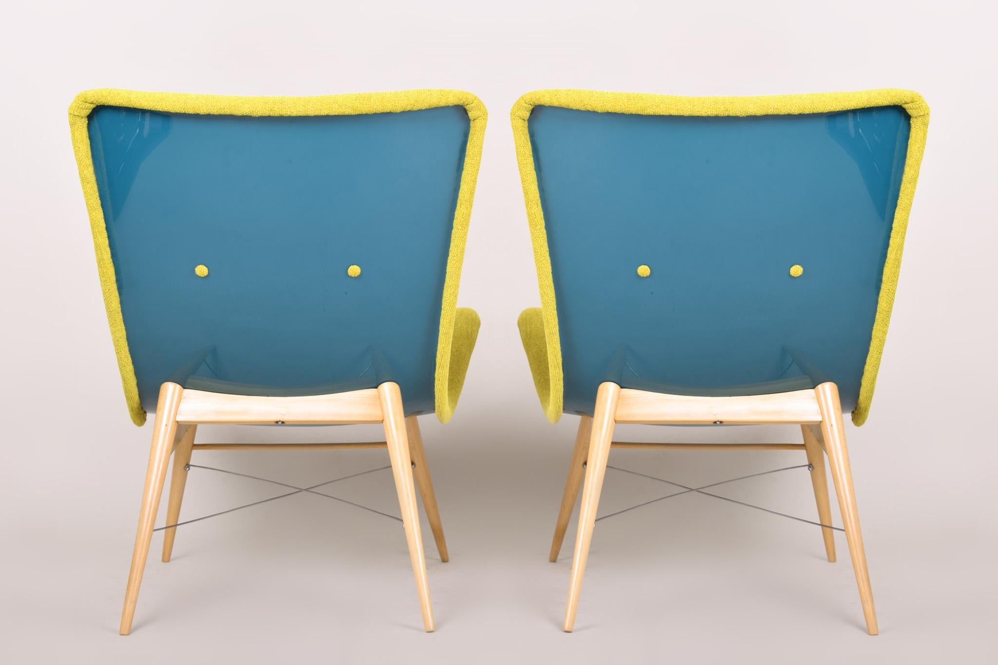 Fabric 20th Century, Green Pair of Beech Armchairs, Czechia, 1950s, Completely Restored