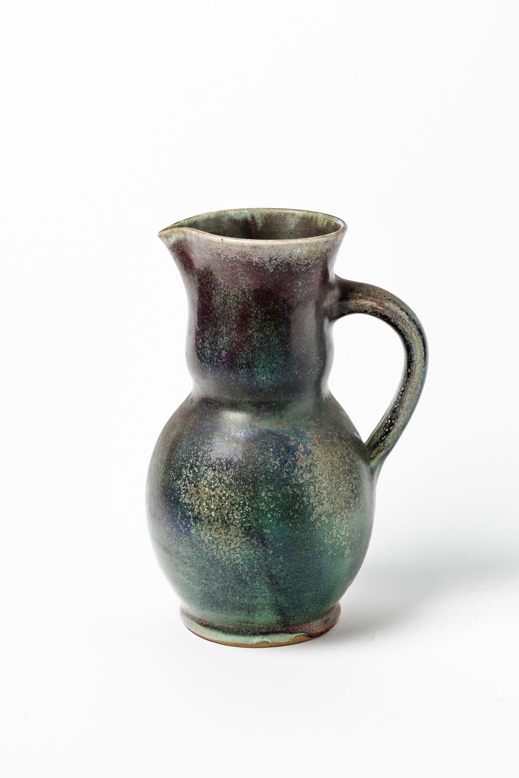 Mid-Century Modern 20th Century Green Stoneware Ceramic Pitcher by Jean Maubrou Saint Amand, 1950 For Sale