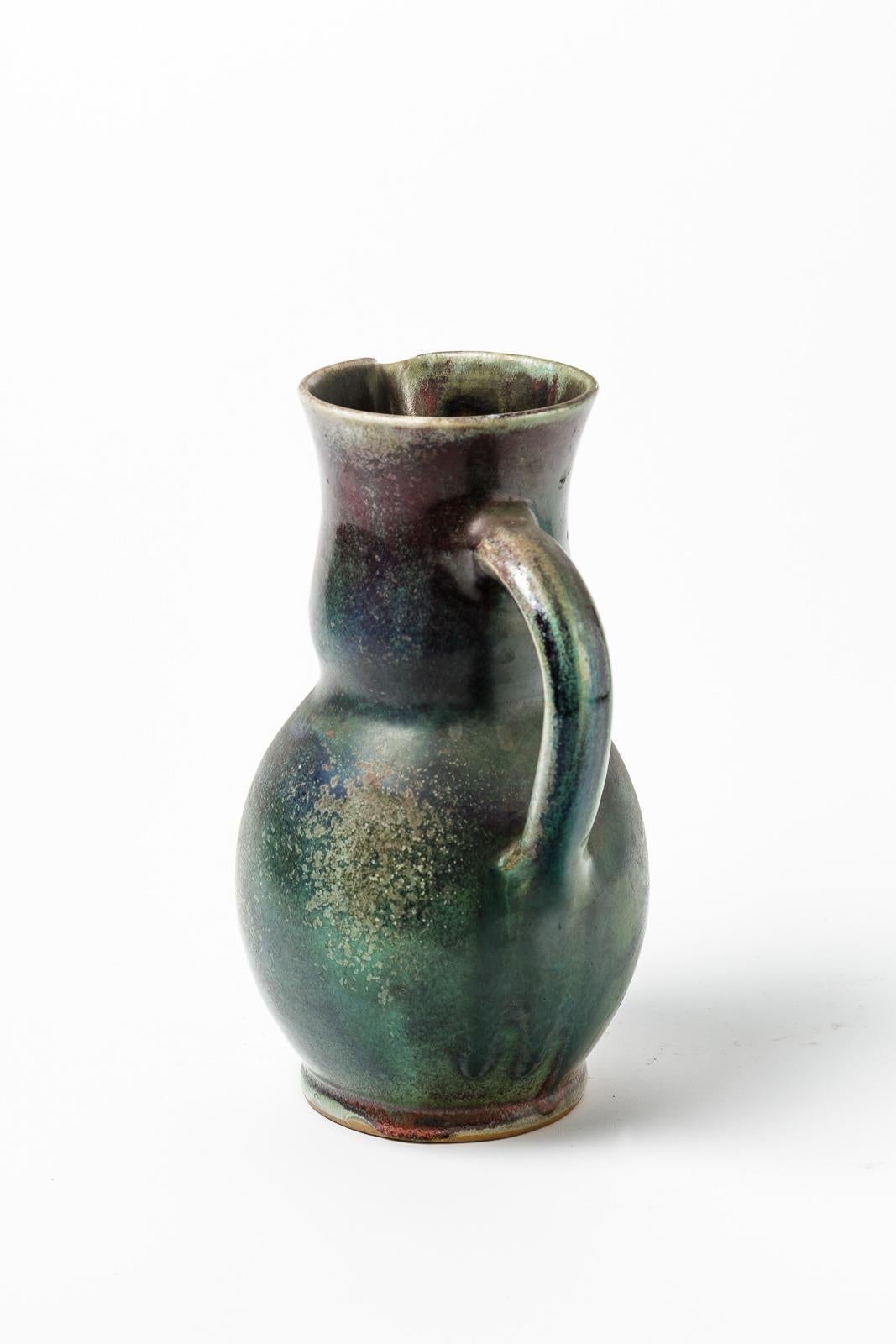 French 20th Century Green Stoneware Ceramic Pitcher by Jean Maubrou Saint Amand, 1950 For Sale