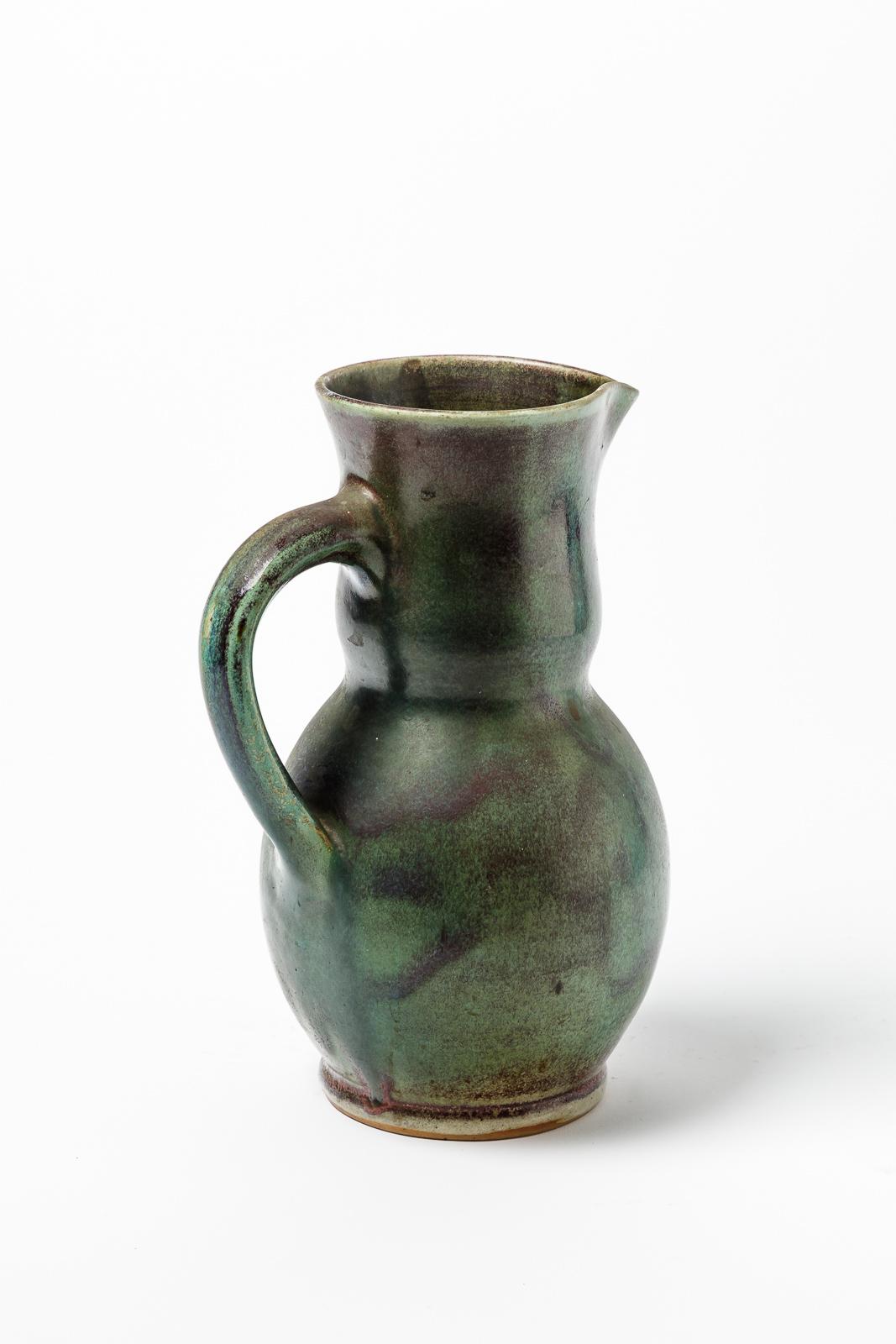 20th Century Green Stoneware Ceramic Pitcher by Jean Maubrou Saint Amand, 1950 In Excellent Condition For Sale In Neuilly-en- sancerre, FR