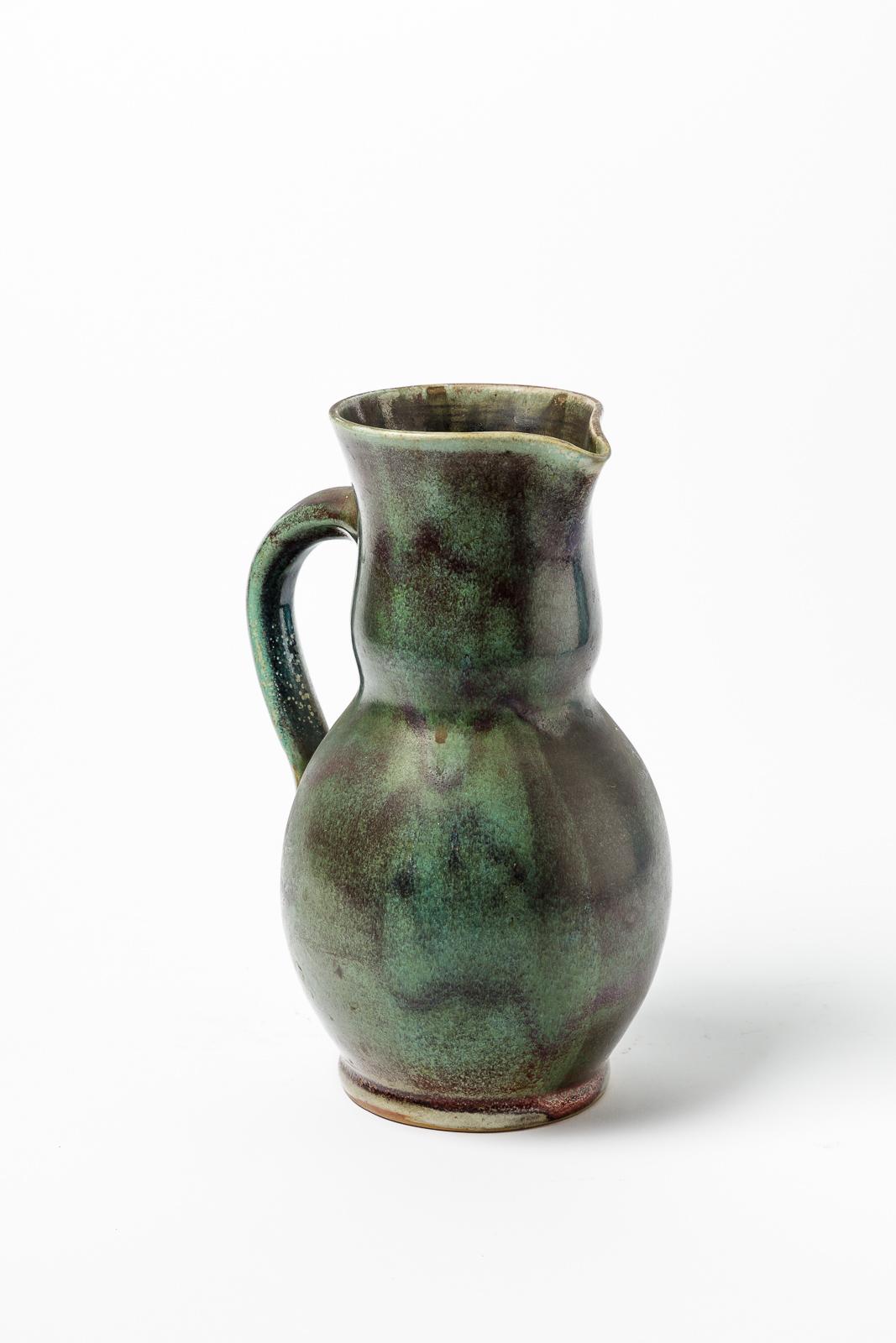 20th Century Green Stoneware Ceramic Pitcher by Jean Maubrou Saint Amand, 1950 For Sale 1