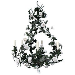 Vintage 20th Century Louis XV Style Green Tole Six Light Chandelier, Porcelain Flowers
