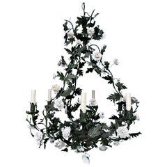 20th Century Louis XV Style Green Tole Six Light Chandelier, Porcelain Flowers