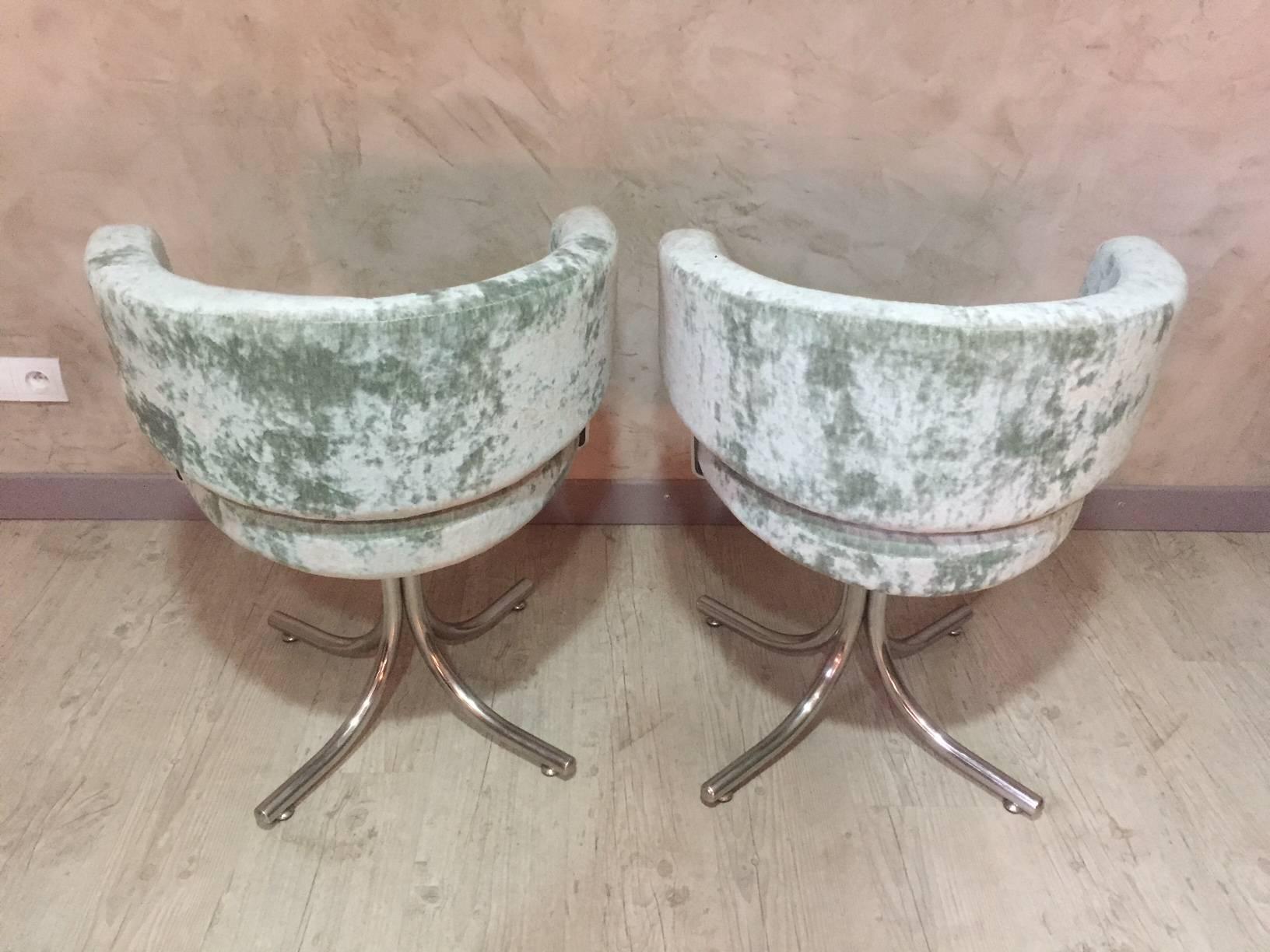 Mid-20th Century 20th Century Green Velvet Pair of Chromed Metal Armchairs, 1960s