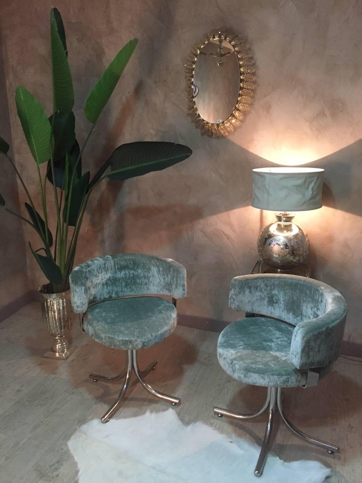 20th Century Green Velvet Pair of Chromed Metal Armchairs, 1960s 2