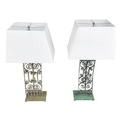 20th Century French Pair of Similar Green-Yellow Vintage Tall Metal Table Lamps