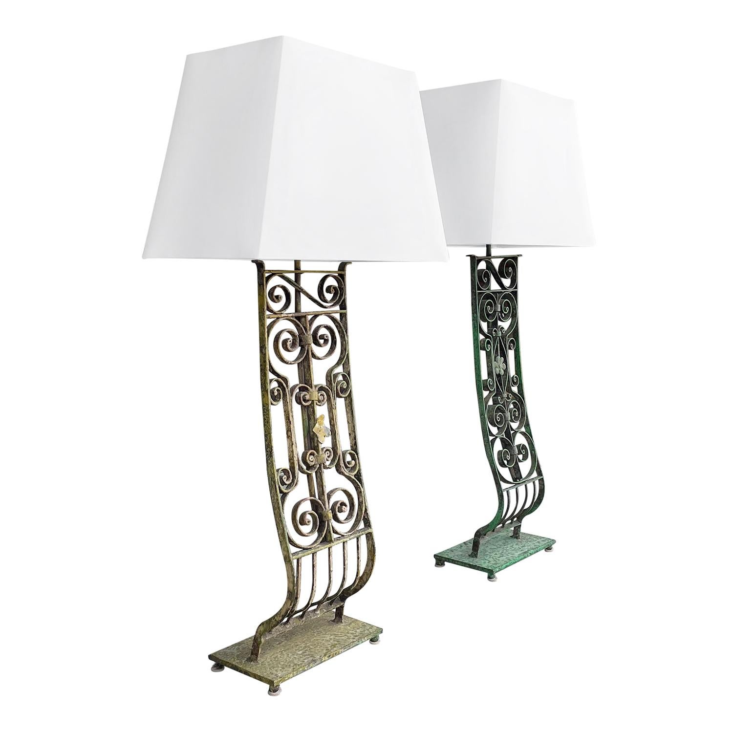 Art Deco 20th Century Green-Yellow French Pair of Similar Vintage Tall Metal Table Lamps For Sale