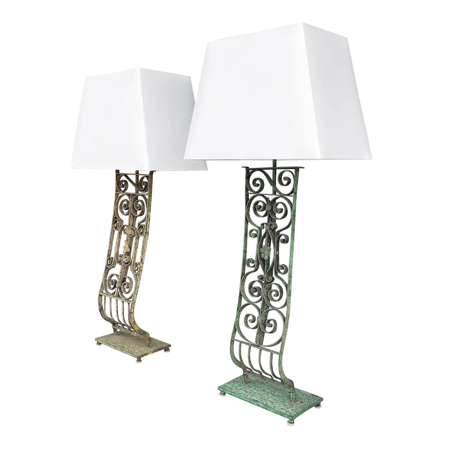Hand-Crafted 20th Century Green-Yellow French Pair of Similar Vintage Tall Metal Table Lamps For Sale