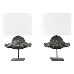 20th Century Grey Belgian Pair of Lead Table Lamps, Vintage Desk Lights