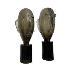 20th Century Italian Pair of Grey-Black Smoked Murano Glass Sculpture Heads