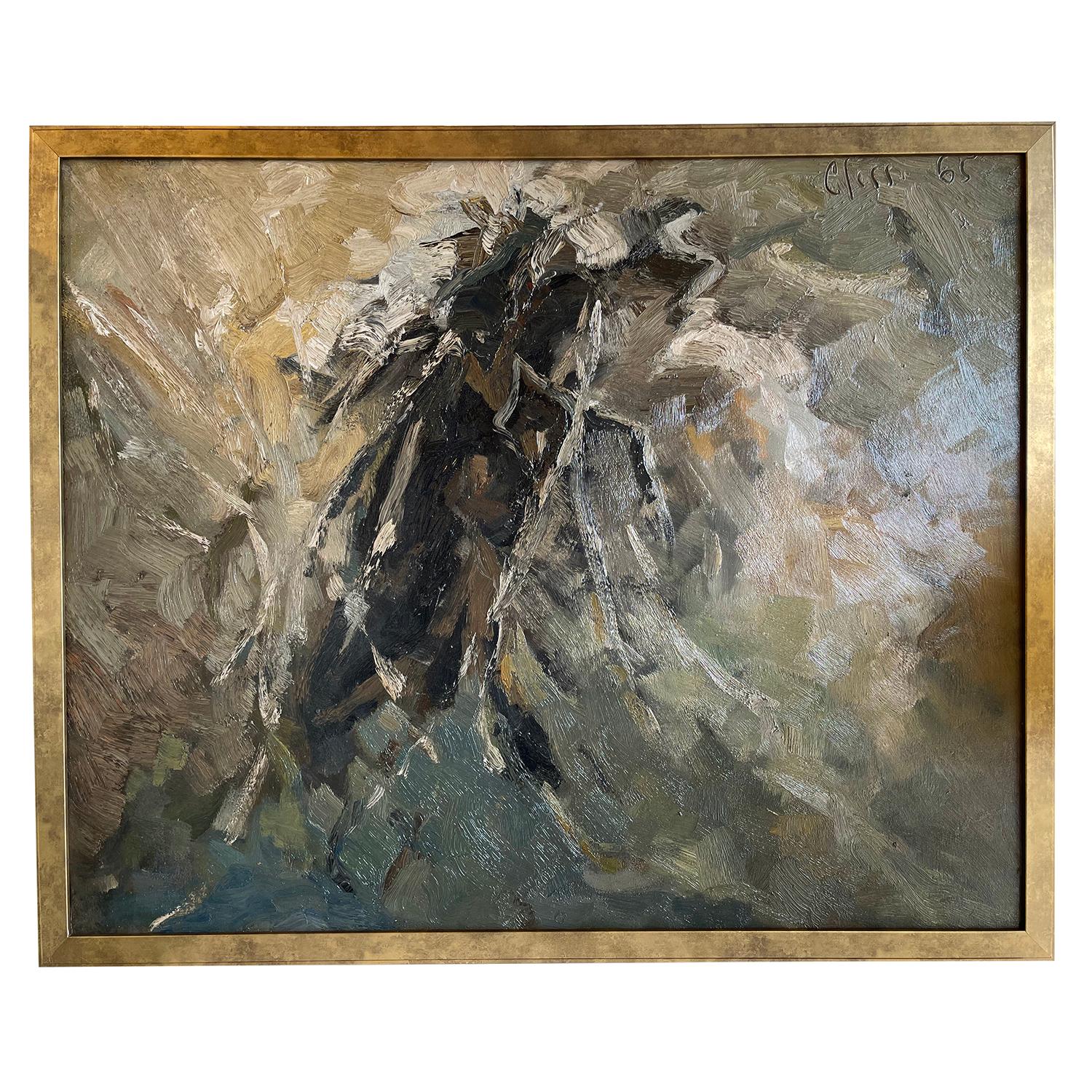 A grey-brown, black vintage Mid-Century modern French abstract oil on wood landscape painting, painted by Daniel Clesse in good condition. Signed on the top right. Wear consistent with age and use. Dated in 1965, Paris, France.

Without the frame: