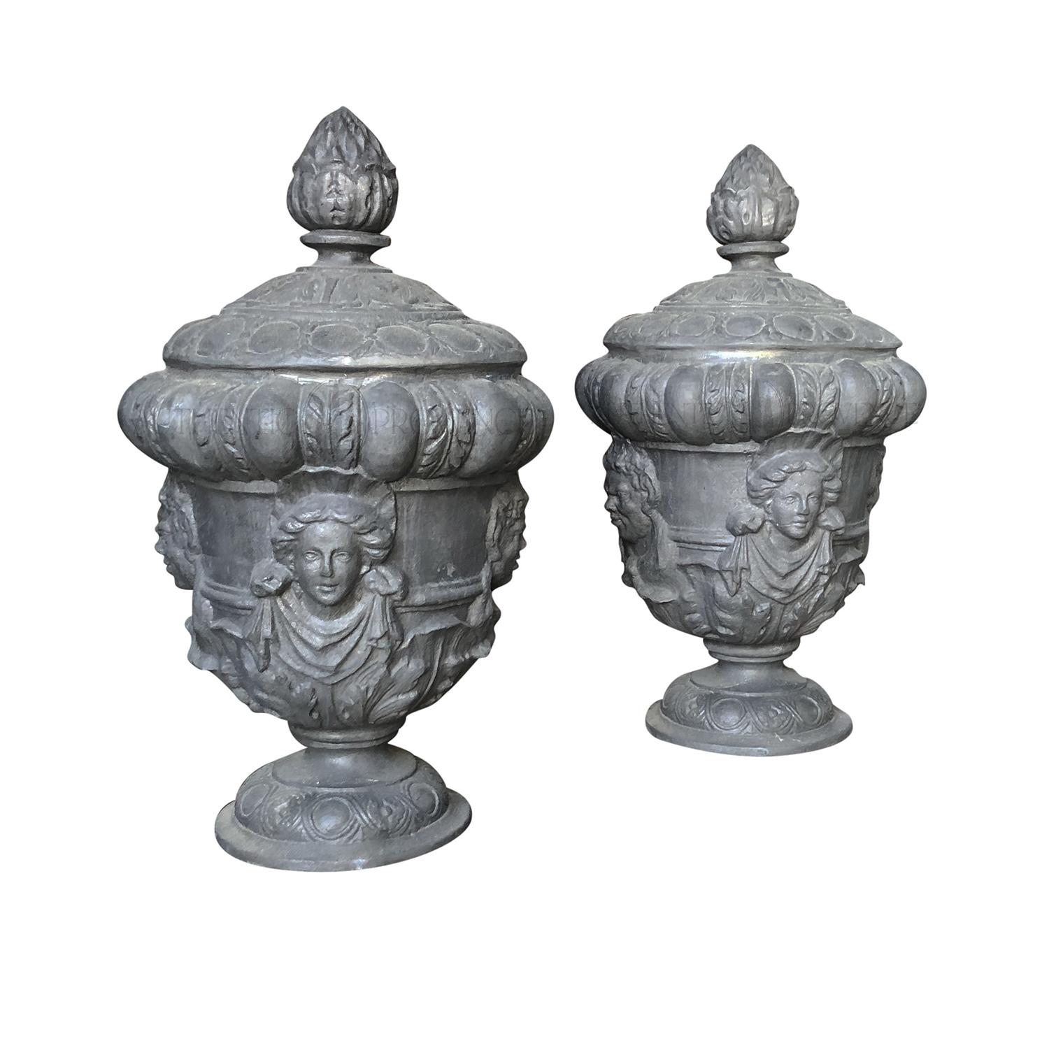 Hand-Crafted 20th Century Grey English Pair of Lead Queen Anne Finials, Vintage Garden Urns For Sale