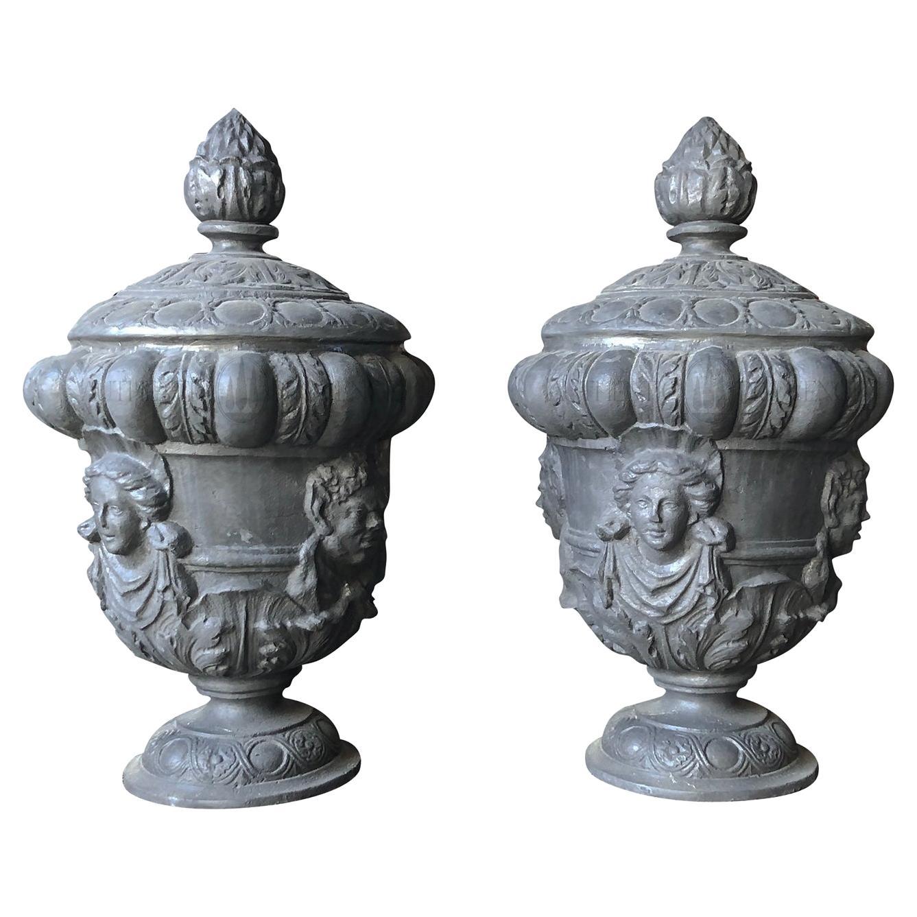 20th Century Grey English Pair of Lead Queen Anne Finials, Vintage Garden Urns