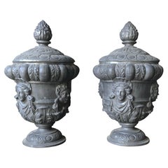 20th Century Grey English Pair of Lead Queen Anne Finials, Vintage Garden Urns