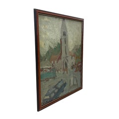 Petite Église Peinture à l'huile sur toile, moderne du milieu du siècle, signée, 1954