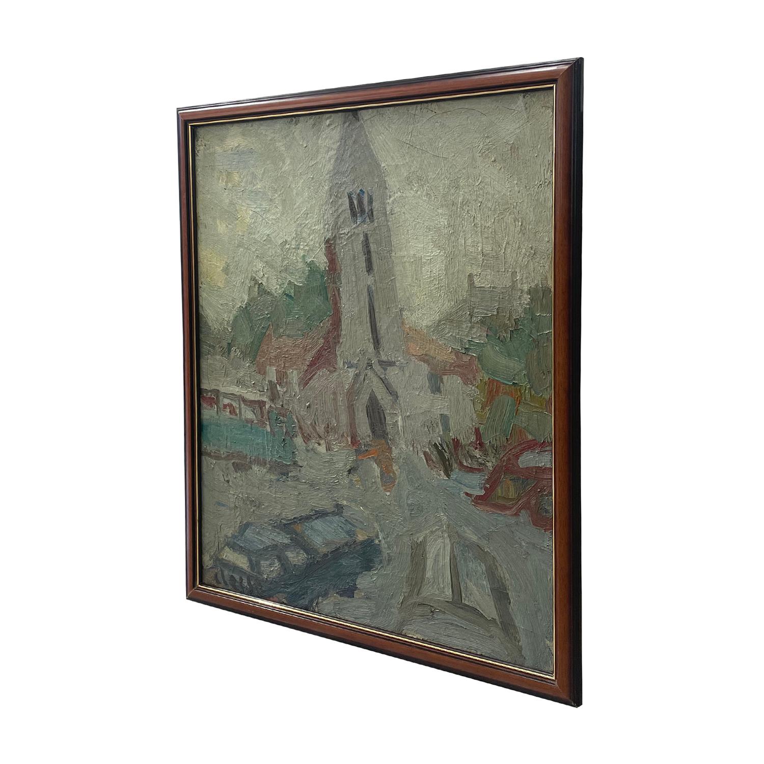 Mid-Century Modern 20th Century Grey French Petite Église Oil Painting of a Church by Daniel Clesse For Sale