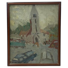 20th Century Grey French Petite Église Oil Painting of a Church by Daniel Clesse