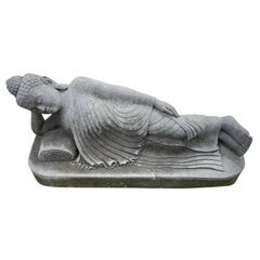 20th Century Grey Asian Vintage Garden Statue of a Lava Stone Reclining Buddha