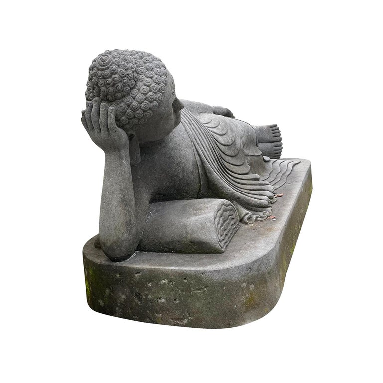 20th Century Grey Garden Statue of a Lava Stone Reclining Buddha For ...