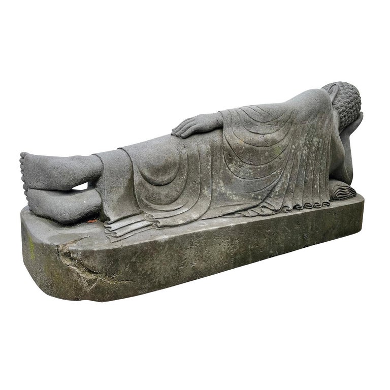 20th Century Grey Garden Statue of a Lava Stone Reclining Buddha For ...