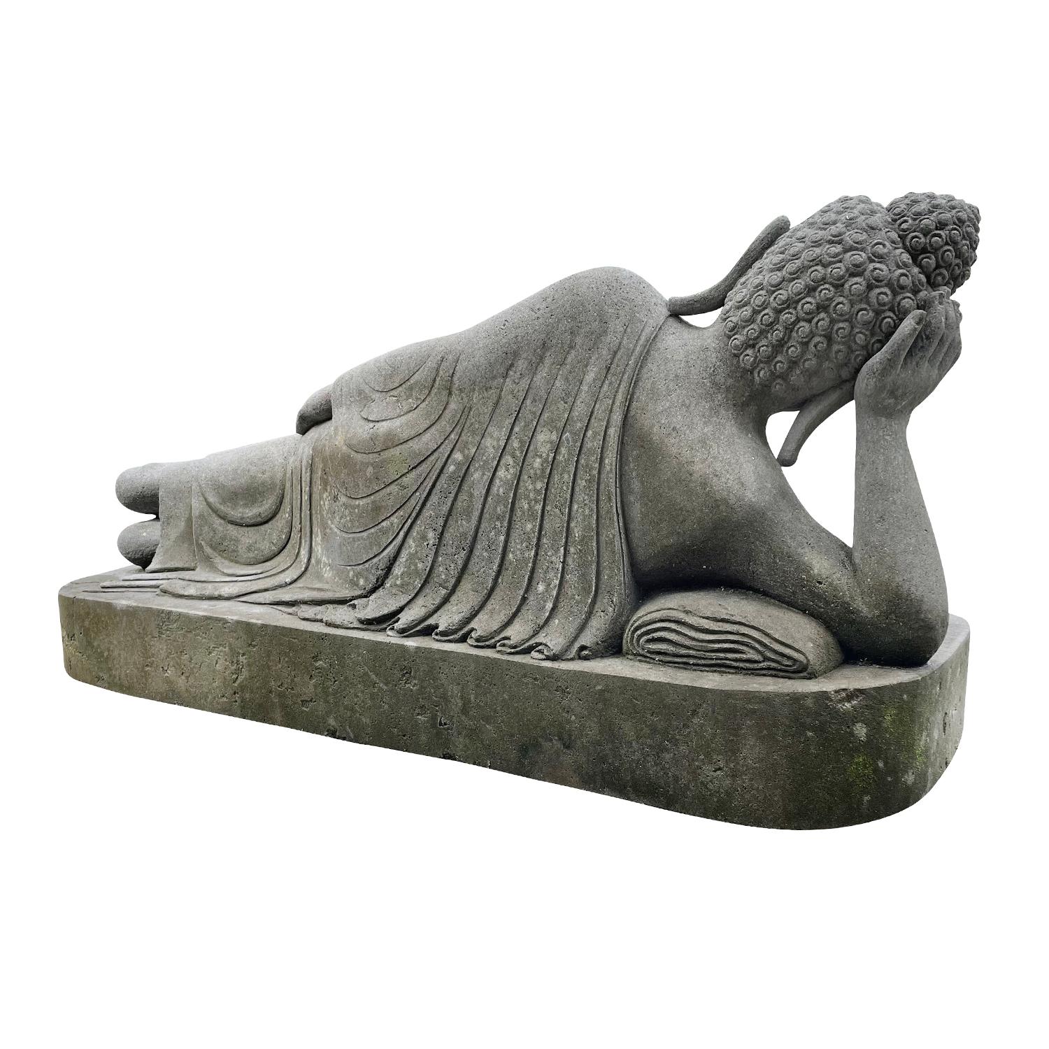 Southeast Asian 20th Century Grey Asian Vintage Garden Statue of a Lava Stone Reclining Buddha For Sale