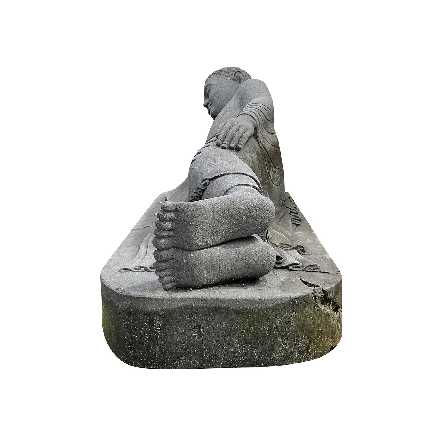Hand-Carved 20th Century Grey Asian Vintage Garden Statue of a Lava Stone Reclining Buddha For Sale