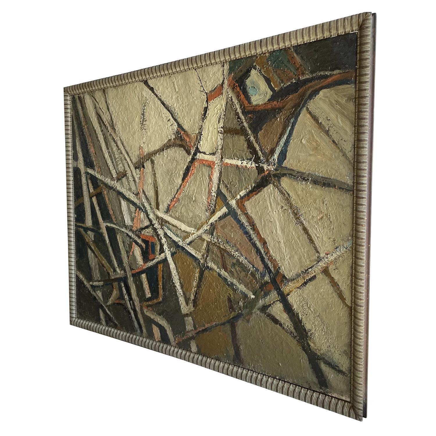 A grey-green, black vintage Mid-Century Modern French abstract composition oil on wood painting, painted by Daniel Clesse in good condition. The painting is slightly curved, due to age. Signed on the lower left. Wear consistent with age and use.