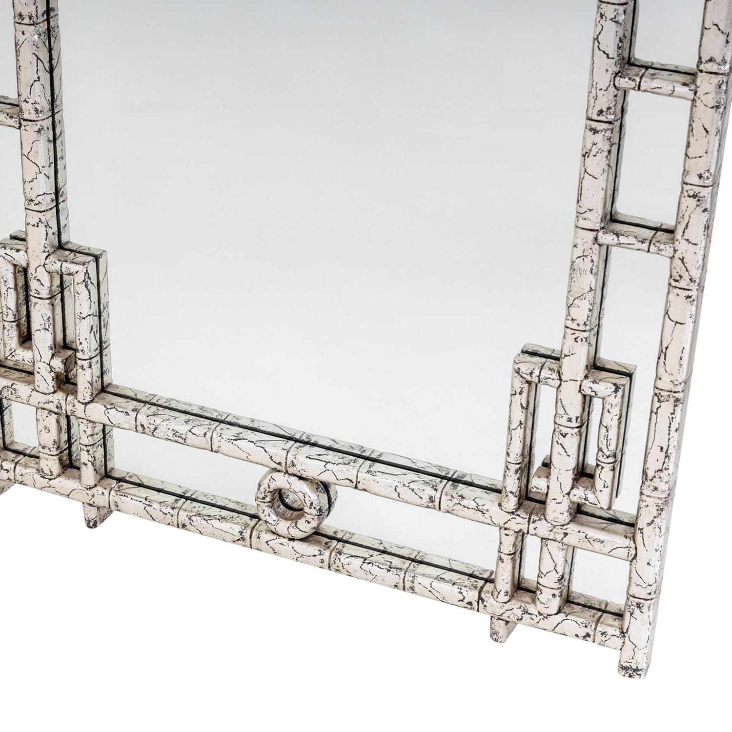 Hand-Carved 20th Century Grey Italian Rectangular Vintage Faux Bamboo Wall Glass Mirror For Sale