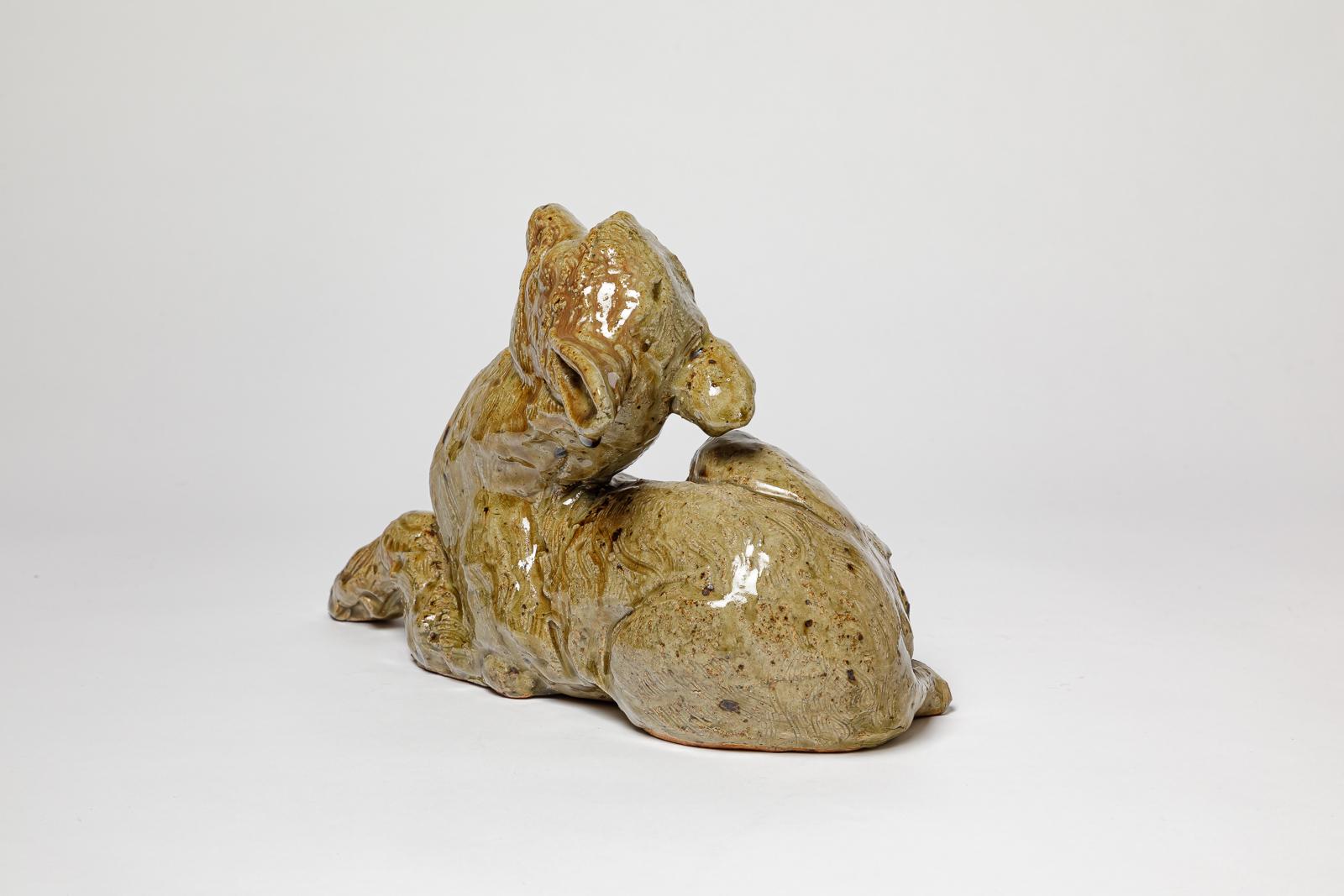 French 20th century grey stoneware ceramic deer kid sculpture by Andre Rozay La Borne For Sale