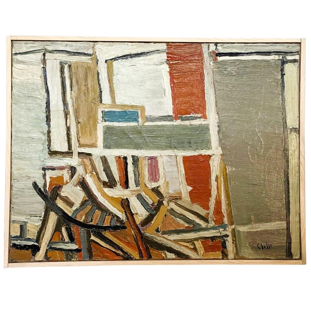 A grey-yellow French painting, abstract books, pastel colors, oil on wood in canvas by Daniel Clesse, painted in France, signed and dated circa in 1979.

Daniel Clesse was a French painter born in 1932 Paris, France and passed away in 2016. He and