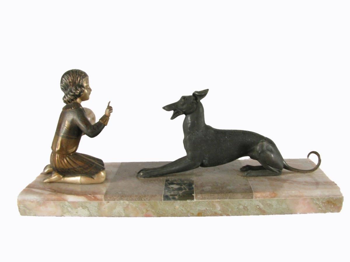 Cast 20th Century Greyhound Dog Figure with Girl Deco French Sculpture