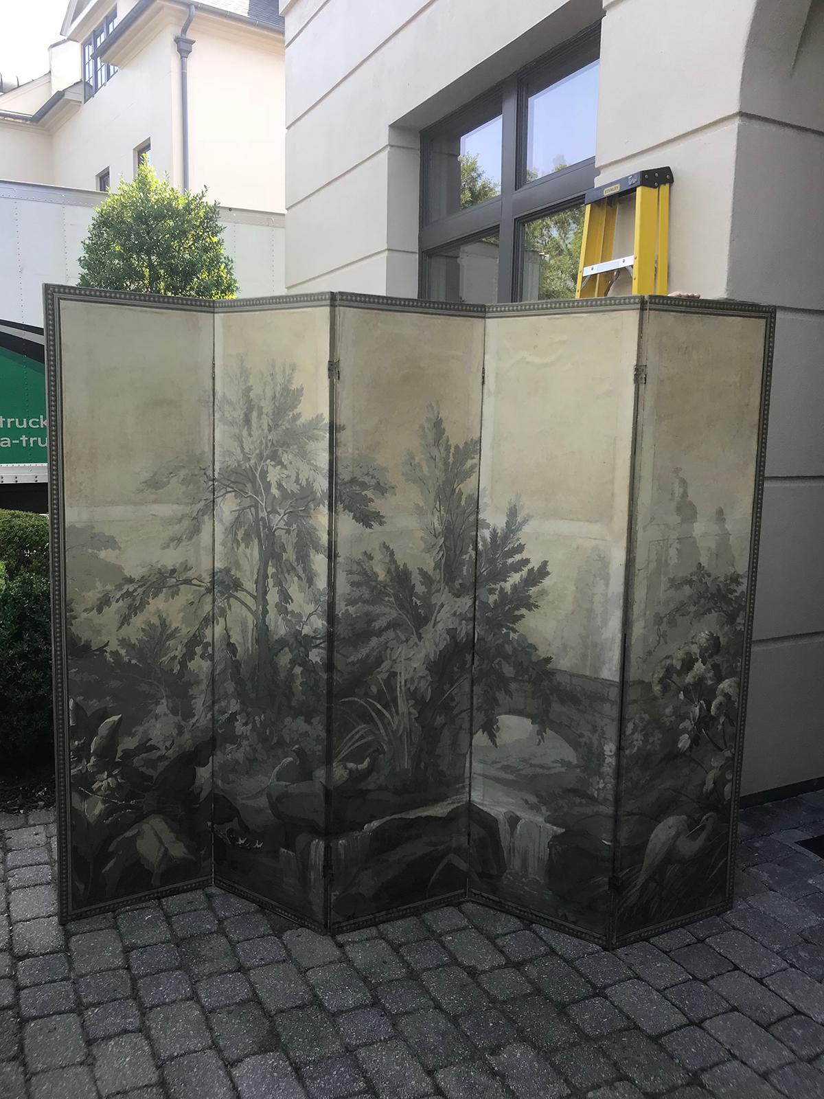 20th century Grisaille five-panel tropical paper screen.