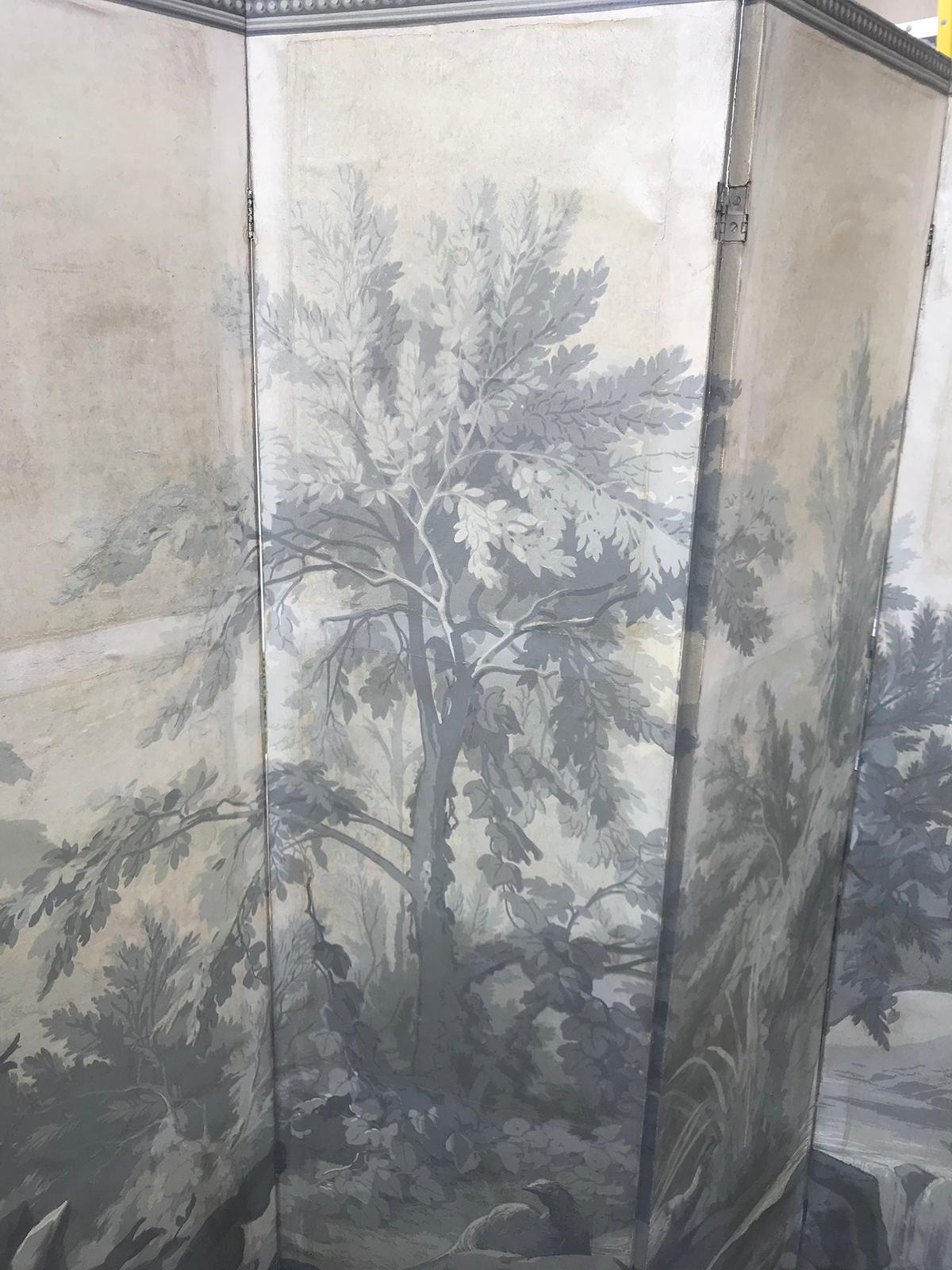 20th Century Grisaille Five-Panel Tropical Paper Screen In Good Condition In Atlanta, GA