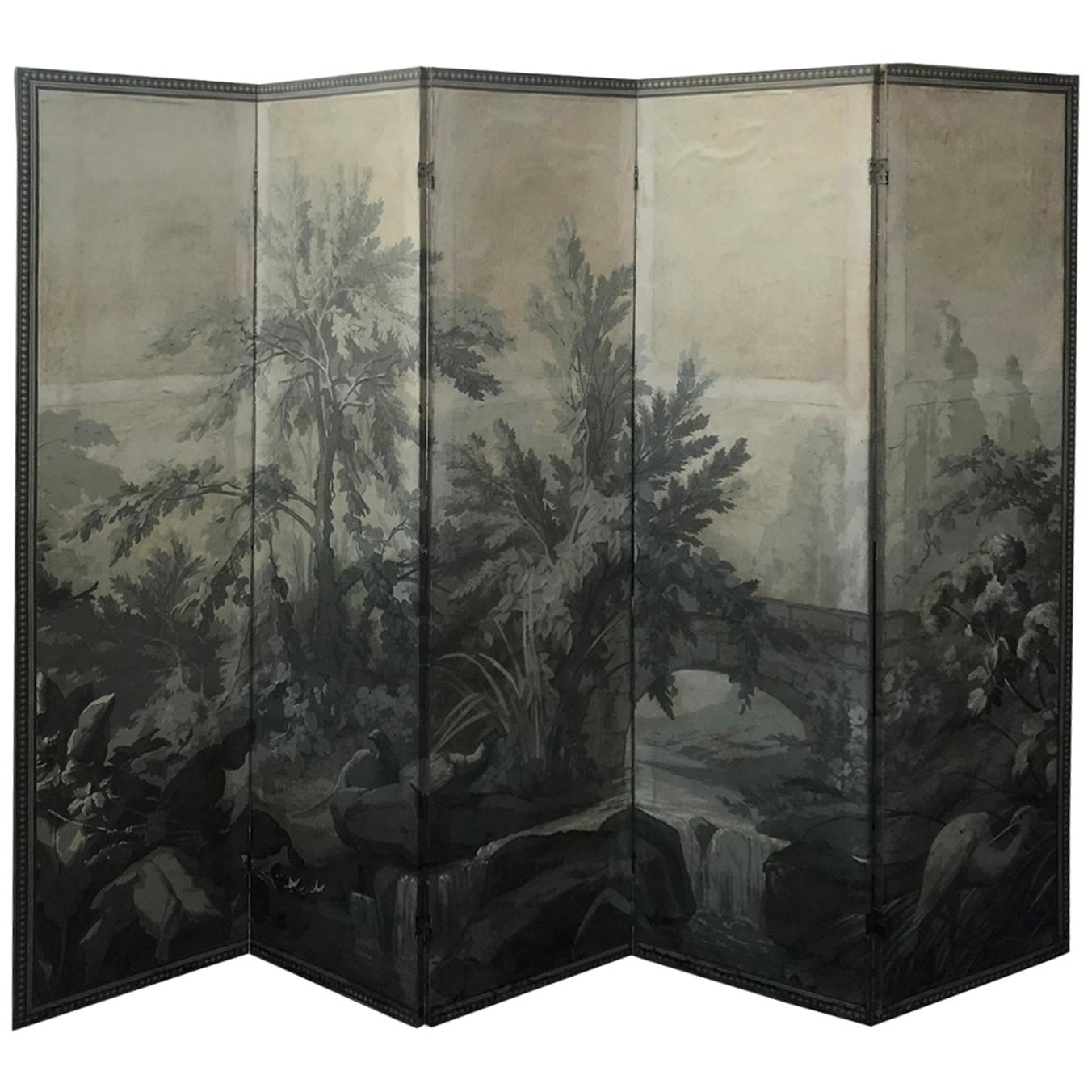 20th Century Grisaille Five-Panel Tropical Paper Screen