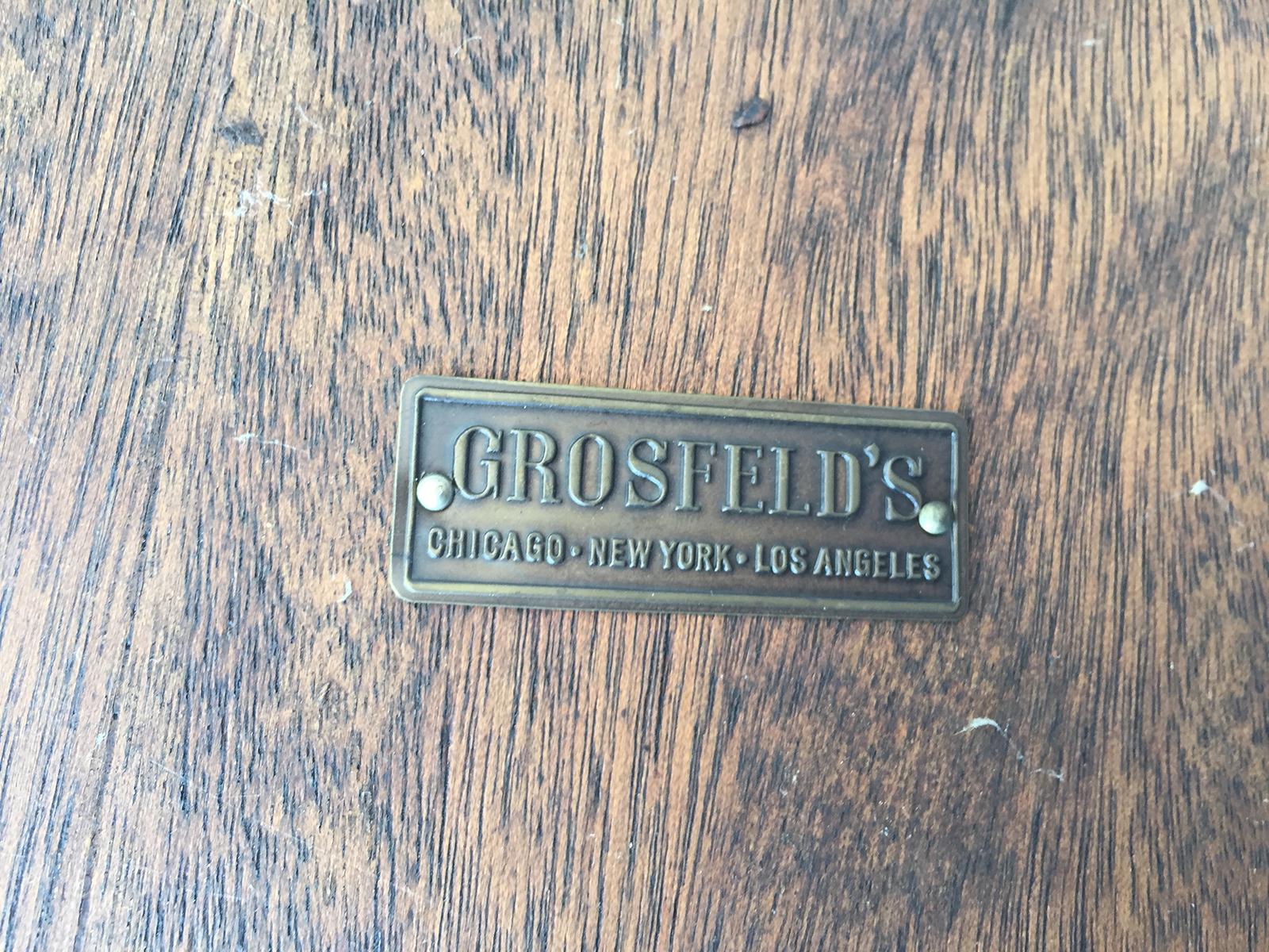 20th century Grosfeld House bronze mounted oval parquetry side table, marble yop
Labeled.