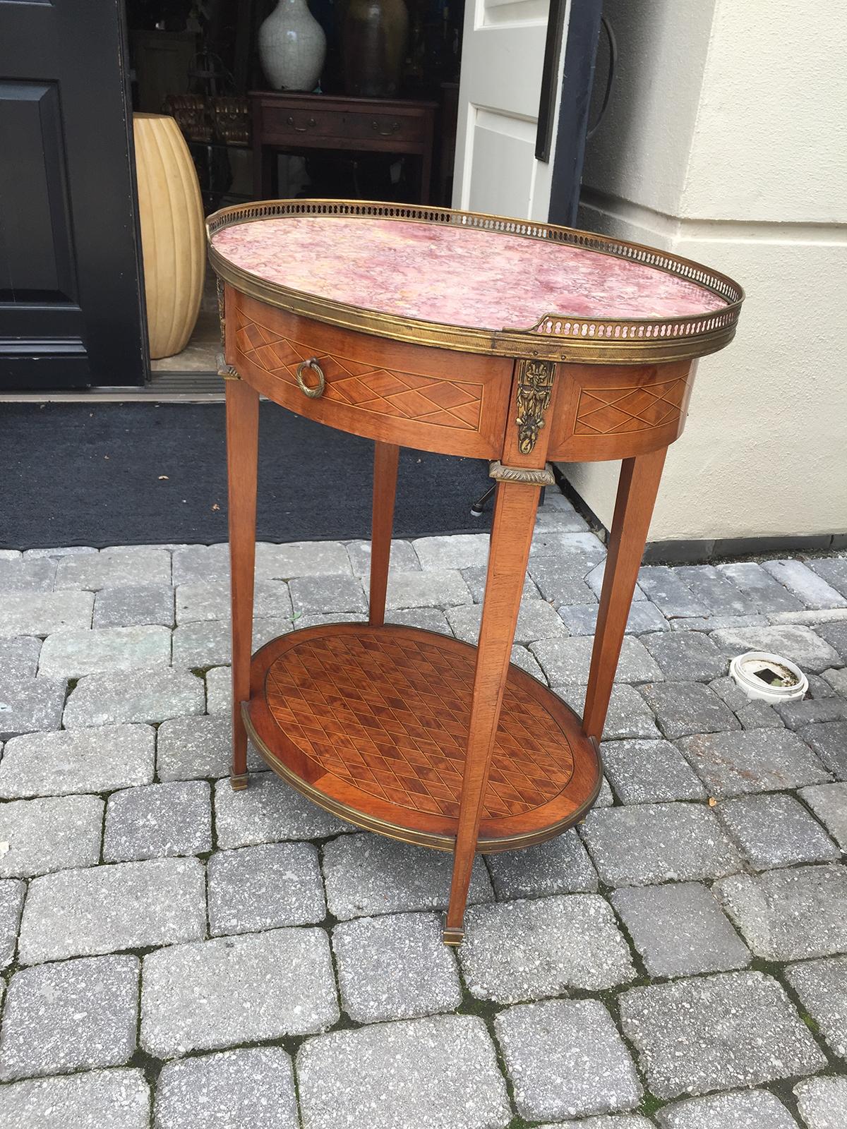 20th Century Grosfeld House Bronze Mounted Oval Parquetry Side Table, Marble Top In Good Condition For Sale In Atlanta, GA