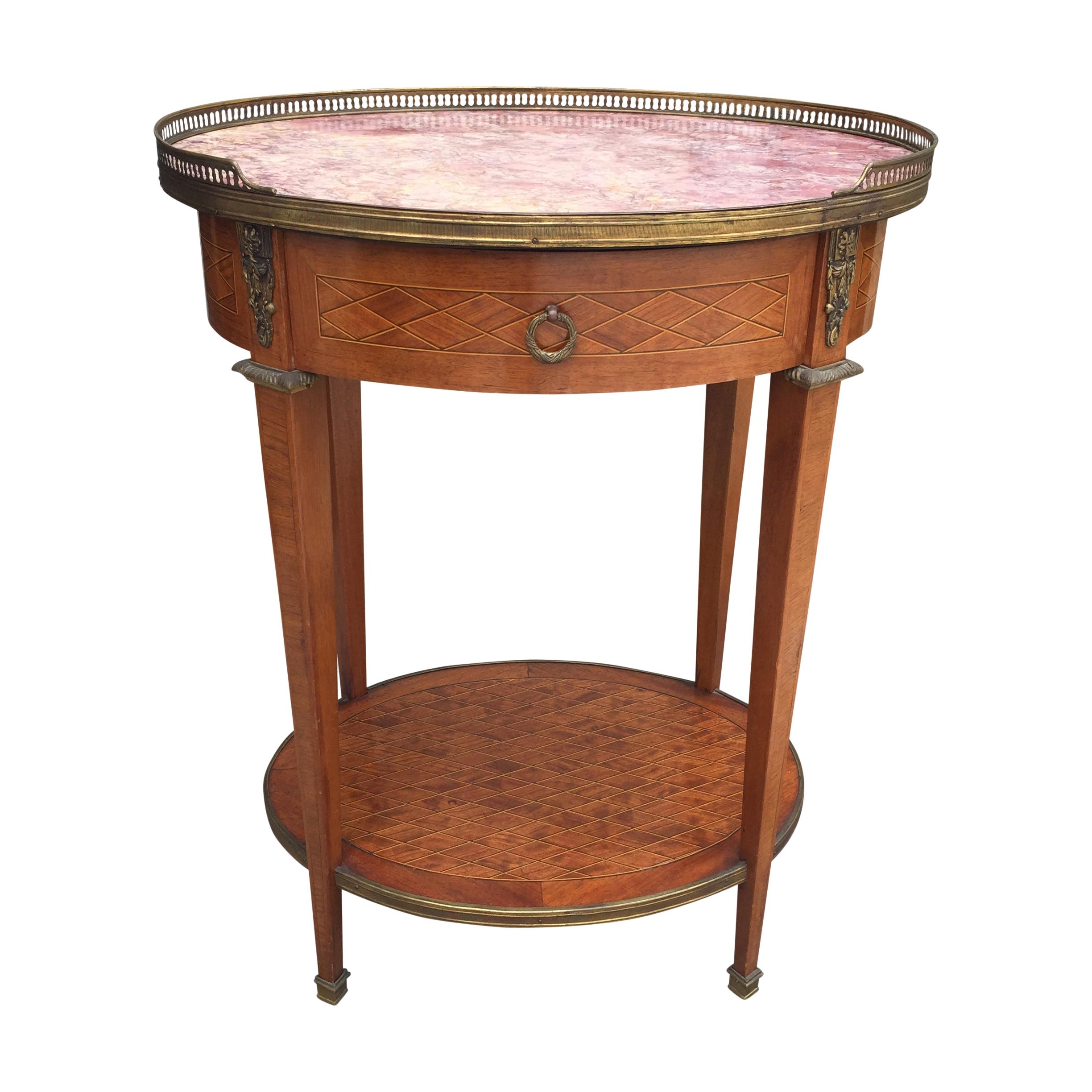 20th Century Grosfeld House Bronze Mounted Oval Parquetry Side Table, Marble Top For Sale