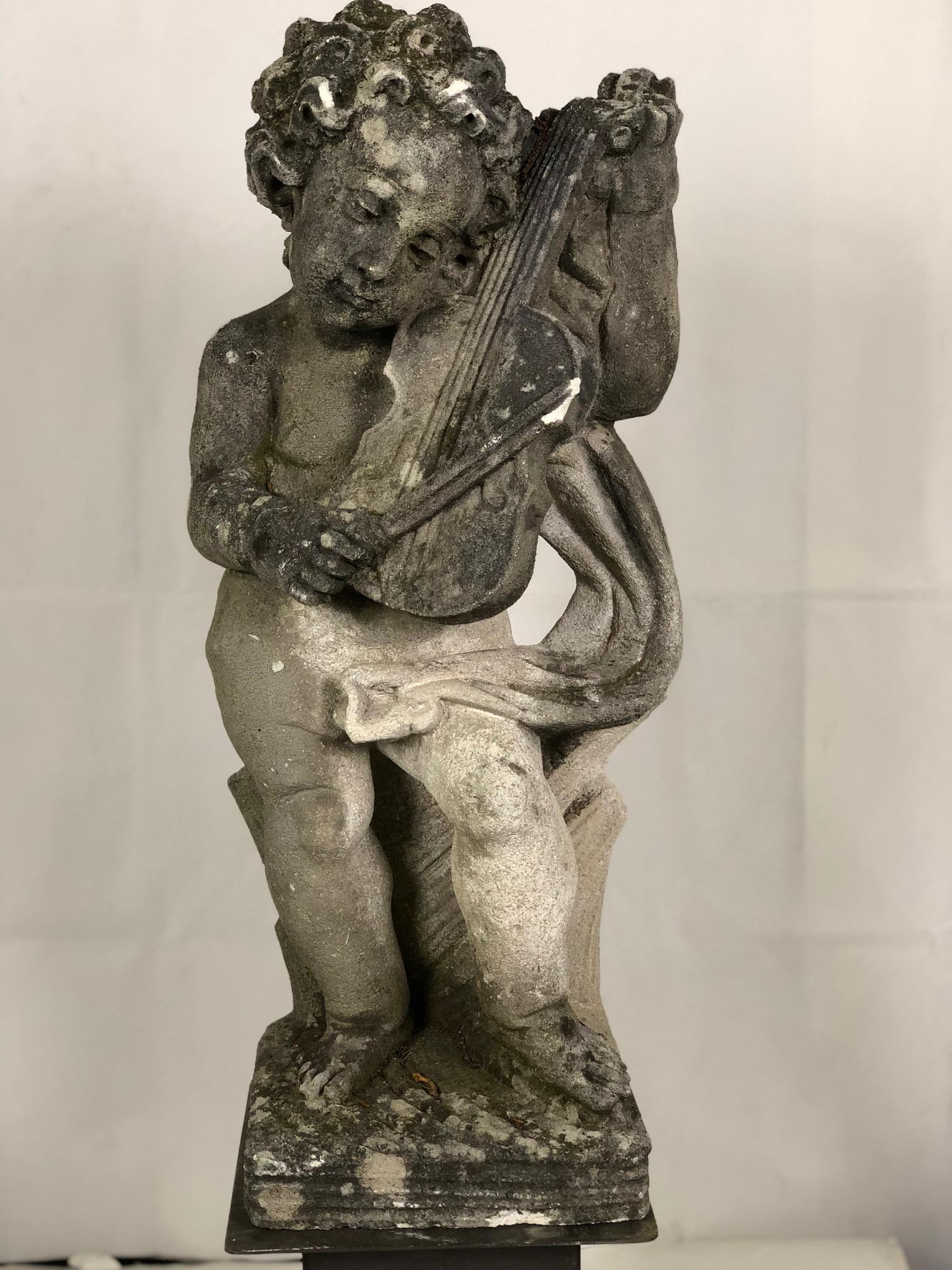 Four marvelous stone sculptures, coming from an important dwelling on Lake Garda. 
These are not the usual Four Seasons but four beautiful musicians.