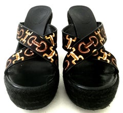 20th Century Gucci Silk Horsebit Raffia Wedge Platform Sandals
