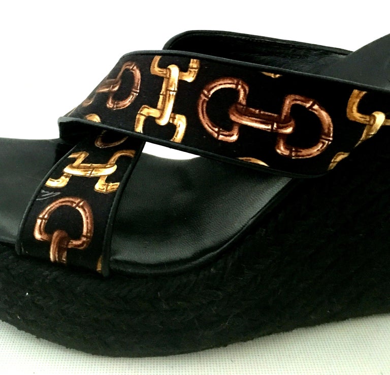 20th Century Gucci Silk Horsebit Raffia Wedge Platform Sandals For Sale