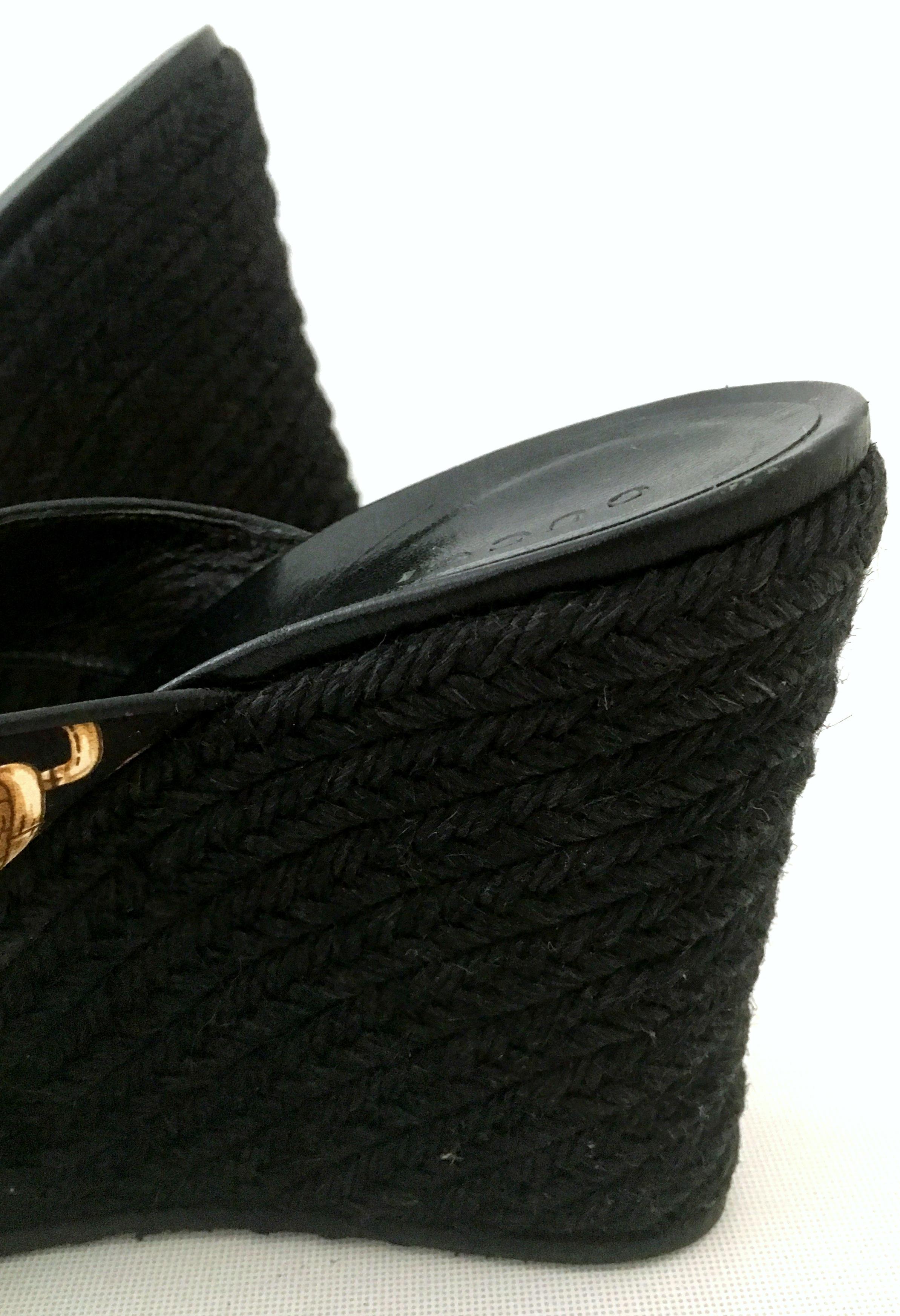 Women's or Men's 20th Century Gucci Silk Horsebit Raffia Wedge Platform Sandals