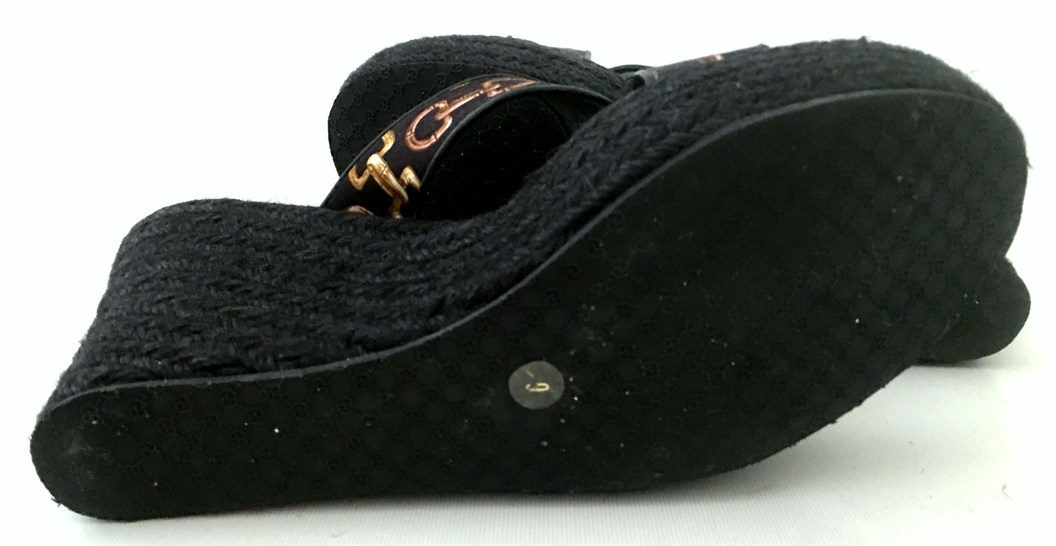 20th Century Gucci Silk Horsebit Raffia Wedge Platform Sandals 1