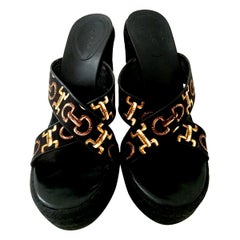 20th Century Gucci Silk Horsebit Raffia Wedge Platform Sandals